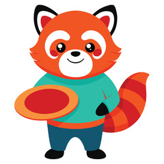 Fototapeta premium Cute cartoon red panda wearing a teal shirt and blue pants holding a red frisbee isolated on white background