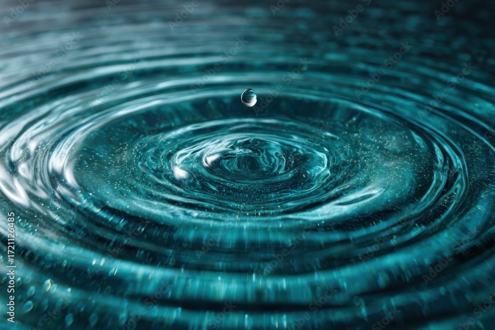 Poster rippling water surface with droplet creating circular waves and reflections in aqua blue tones under