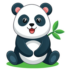Fototapeta premium Cute cartoon baby panda sitting and holding a bamboo branch isolated on white background