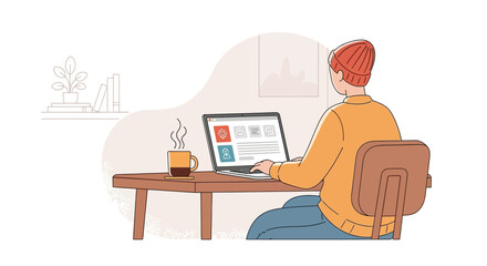 Modern illustration of a young person comfortably engaged in remote work, operating a laptop from a home office desk, highlighting a flexible and productive digital lifestyle