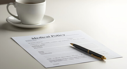 Medical policy form with pen and coffee cup on a white table  