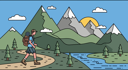Fototapeta premium Embark on a serene hiking adventure through picturesque mountains and lush landscapes, exploring the beauty of nature's winding trails under a warm, inviting sun