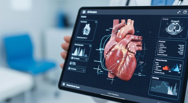 Doctor’s hand holding tablet with 3D heart model for diagnostics, illustrating AI-driven cardiac care and advanced medical visualization for precise health outcomes