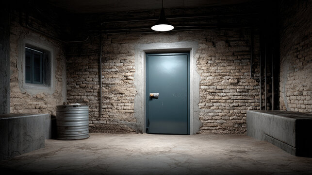 Dark basement door brick wall metal barrel concrete floor moody lighting industrial mysterious empty room