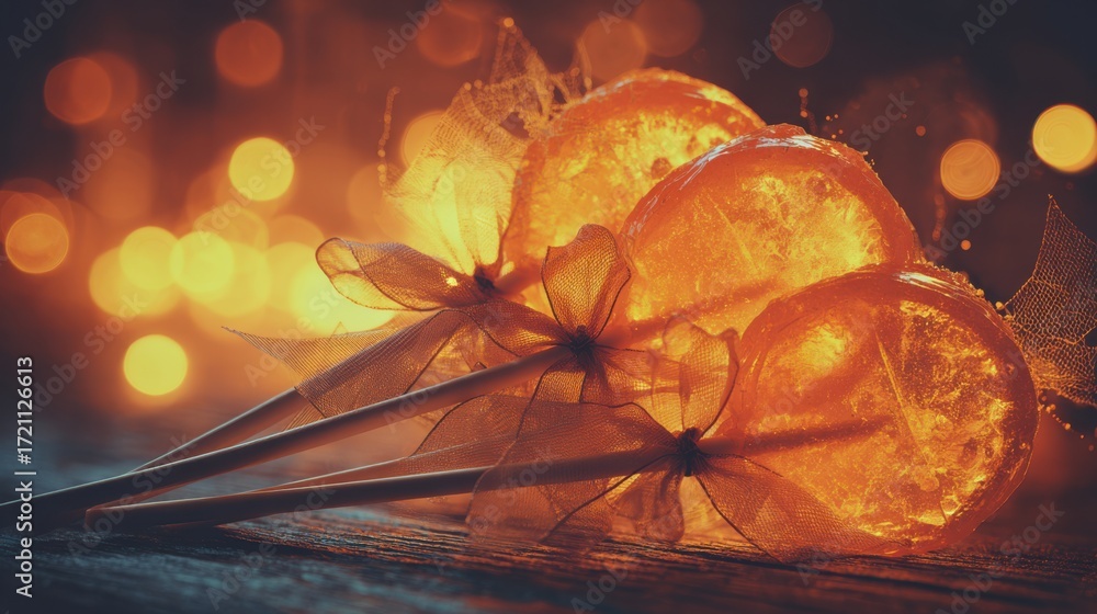 Aufkleber bright and glowing candied citrus slices on a rustic surface with bokeh background and soft lighting