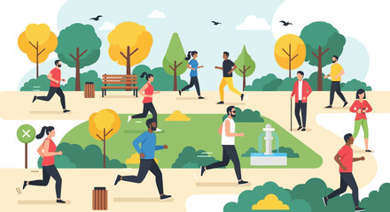 Vibrant urban park scene with diverse individuals engaging in various fitness activities, fostering a healthy outdoor lifestyle and promoting community well-being and active recreation