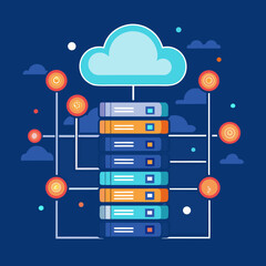 Cloud computing data center servers connected to a cloud icon with financial symbols