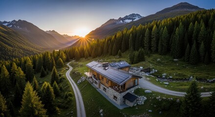 Mountain chalet in a valley at sunrise with winding road and pine forest
