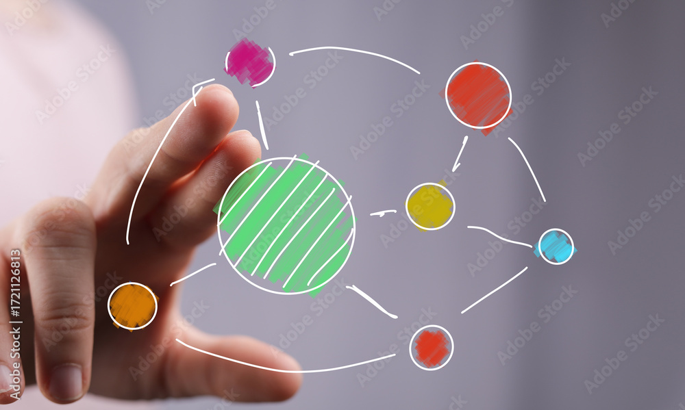 Poster abstract image of hand interacting with a colorful network diagram. ideal for technology, connection
