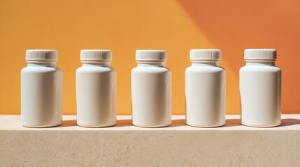 Five white supplement bottles arranged on a beige surface against an orange backdrop.