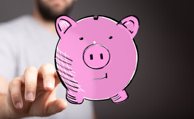 Digital illustration of a hand interacting with a piggy bank, symbolizing saving money and financial planning.