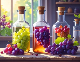 Colorful grape-filled bottles on a rustic table by a window