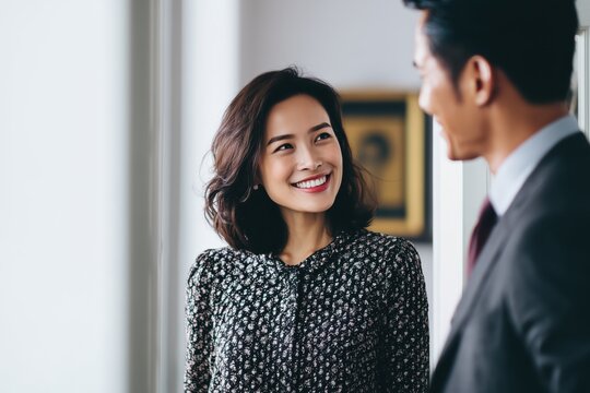 Business Meeting Dynamics Thai Businesswoman Engaging with Colleagues in Modern Office Environment