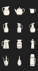 A collection of simple, outlined illustrations of various kitchen and tableware items against a dark background.