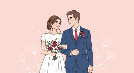 Romantic wedding day vector illustration of a lovely bride and groom looking at each other affectionately on a pink floral background