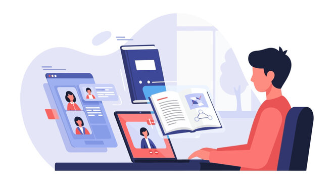 Student embracing the future of education with online courses, participating in a virtual classroom webinar and accessing a digital library