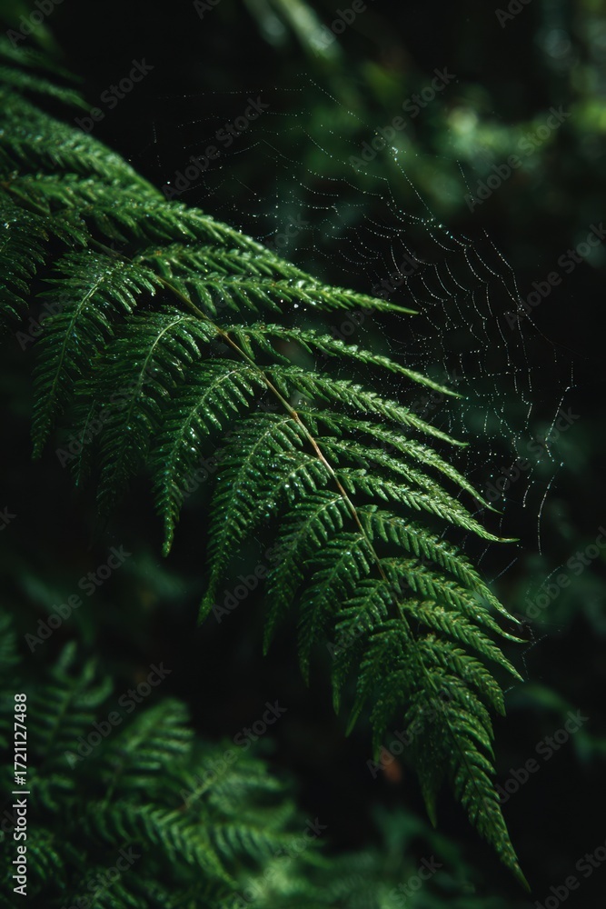 Poster Lush Green Fern Leaves with Dew Drops and Delicate Spider Web in a Dark Mysterious Forest Setting