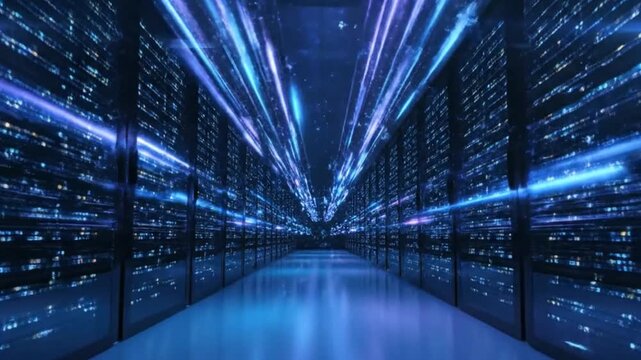 Futuristic blue binary code corridor in urban underground metro station