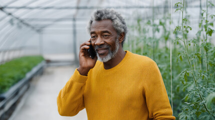 Thinking farmer elderly african american man with digital tablet checking sustainable agricultural growth, progress or preparing export order for technology. Serious man gardener reenhouse ecologist