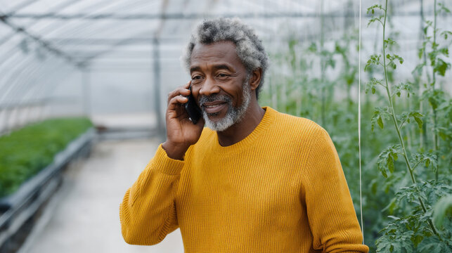 Thinking farmer elderly african american man with digital tablet checking sustainable agricultural growth, progress or preparing export order for technology. Serious man gardener reenhouse ecologist - Powered by Adobe