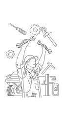 A mechanic, arms raised in triumph, surrounded by tools and machinery, embodies a sense of accomplishment and pride in automotive repair.