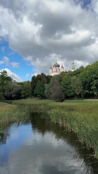 Kyiv Ukraine Panteleimon's Convent of Kiev Diocese of Ukrainian Orthodox Church in scenic Feofaniya Park, vertical video.