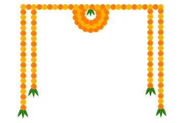 Marigold flower elements decoration: traditional celebration indian festival of dussehra, Diwali, wedding, invitation, card, floral on transparent background, vector design