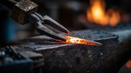 Forging a Blade: The fiery heart of craftsmanship is unveiled in this striking image, where molten metal transforms into a blade. The anvil provides a stable base.