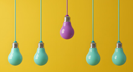 Naklejka premium One outstanding idea concept with with yellow, Colorful lightbulbs concept 