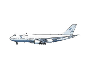 A detailed vector illustration of a large four-engine wide-body jumbo jet airplane, shown in a side profile view isolated on a clean white background