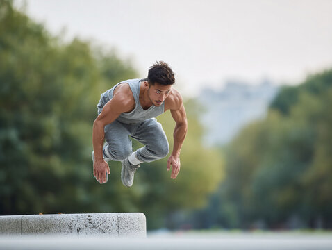 Dynamic action shot of a muscular man performing a parkour jump in an urban environment. Represents strength, athleticism, freedom, and overcoming obstacles.