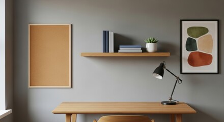 Modern Minimalist Home Office Setup with Desk and Wall Decor