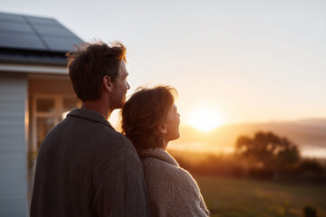 Couple embracing at sunset, gazing at the horizon. Warm light, peaceful, aspirational scene. Ideal for retirement, lifestyle, or relationship themes. Serenity.