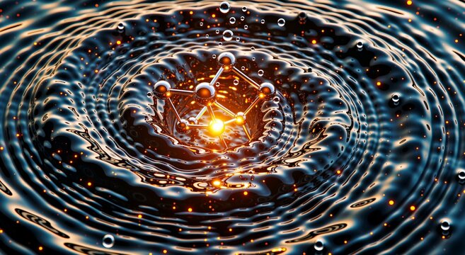 submicroscopic. A single, complex, glowing molecule emerges from a dark, primordial aqueous solution, symbolizing the spark of life. STEM education sheets.