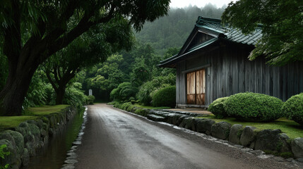 Fototapeta premium Rainy Japanese landscape, traditional wooden house, lush green trees, wet road, serene, peaceful, misty mountain