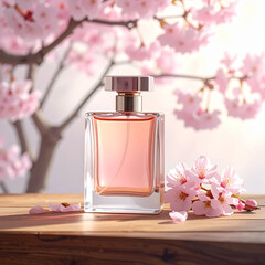 A beautiful perfume bottle sits on a wooden table, surrounded by delicate pink cherry blossoms. The soft lighting and pastel tones evoke a fresh, romantic, and elegant floral fragrance.