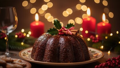 A festive Christmas pudding decorated with holly and cinnamon sticks on a holiday table with warm candlelight and bokeh.
