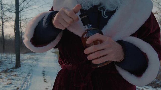 A Man Dressed As Santa Claus Opens A Bottle Of Whiskey, Sniffs Contents, Drinks From The Bottle.