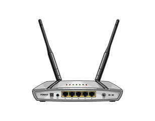 Fototapeta premium Modern wireless router with external antennas, indicator lights, and multiple ethernet ports, isolated on a white background, presented as a vector illustration