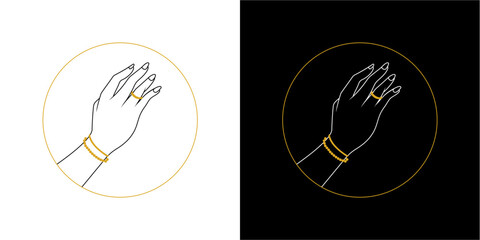 Minimalist illustrations featuring a hand adorned with jewelry inside circles.