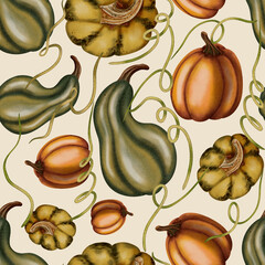 Seamless watercolor pattern with various pumpkins and gourds. Autumn still life. Children's illustration. Suitable for books, packaging, cards, and children's clothing