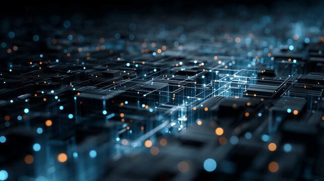 Circuitry Symphony: Explore a close-up view of a digital circuitry arrangement, illuminated by a network of radiant light pathways and vibrant data flow.