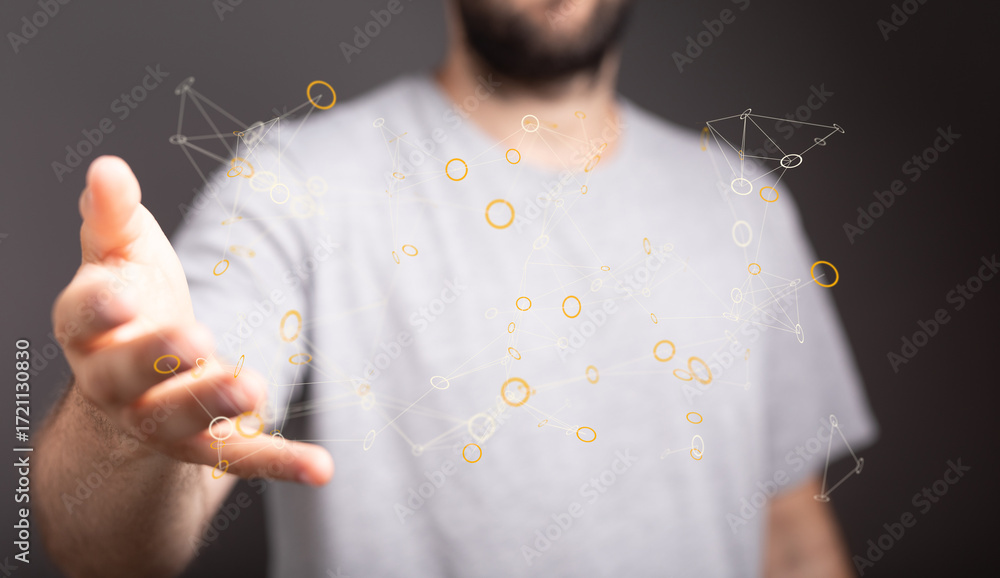 Poster abstract image of a man interacting with a digital network, representing connection, technology, and