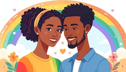 Couple smiles under rainbow