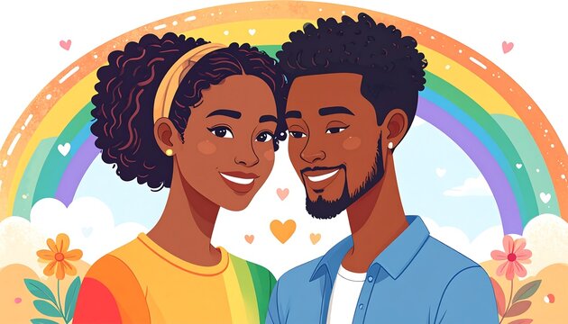 Couple smiles under rainbow