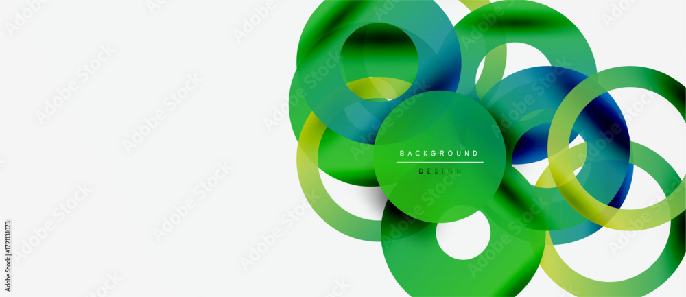 Poster abstract colorful circles overlap, creating dynamic visual effect. gradient shades of green, blue do