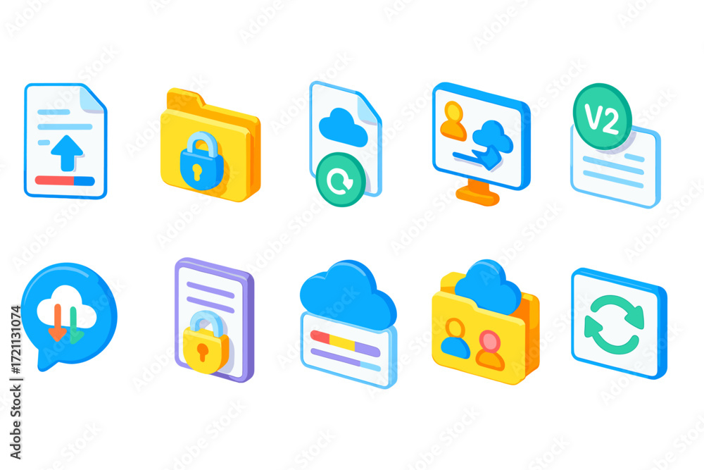 Poster cloud computing 3d icon set. digital file storage and data transfer symbols