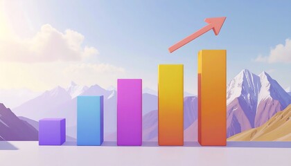 Colorful bar graph rising against a mountain backdrop