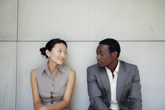 Business Discussion Between Two Executives Modern Office Professional Portrait Urban Setting Intimate Perspective