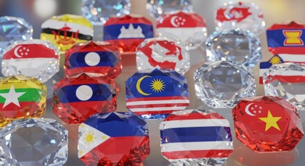 Southeast Asian flags shimmering as precious gems reflect diversity and unity of nations